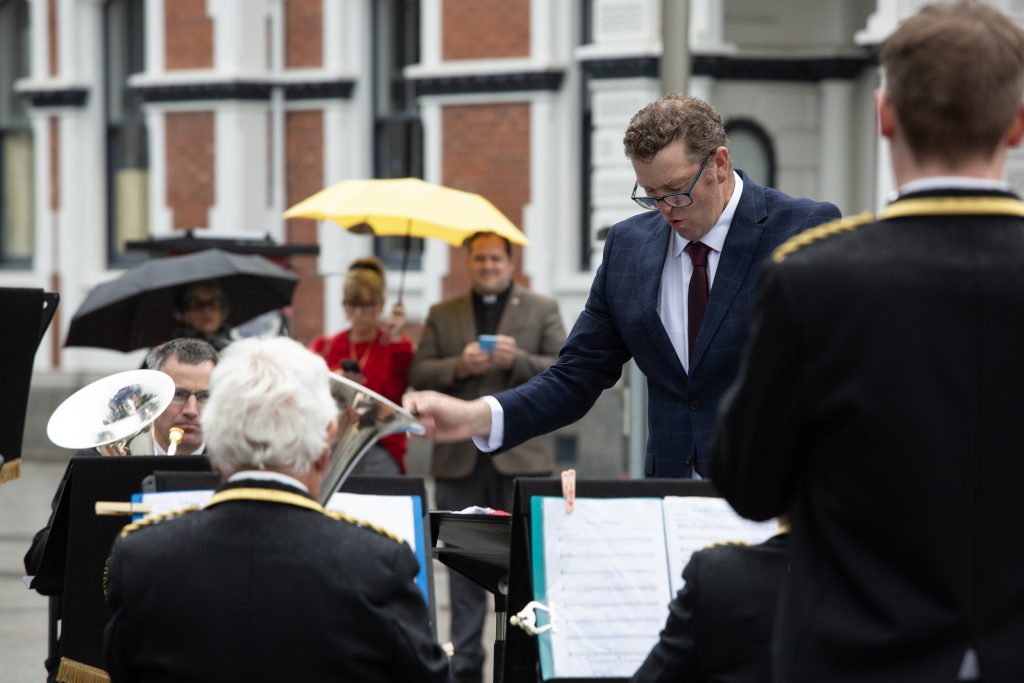 Phil Johnston leads Woolston Brass in an historic performance outside Christ Church Cathedral, 2024